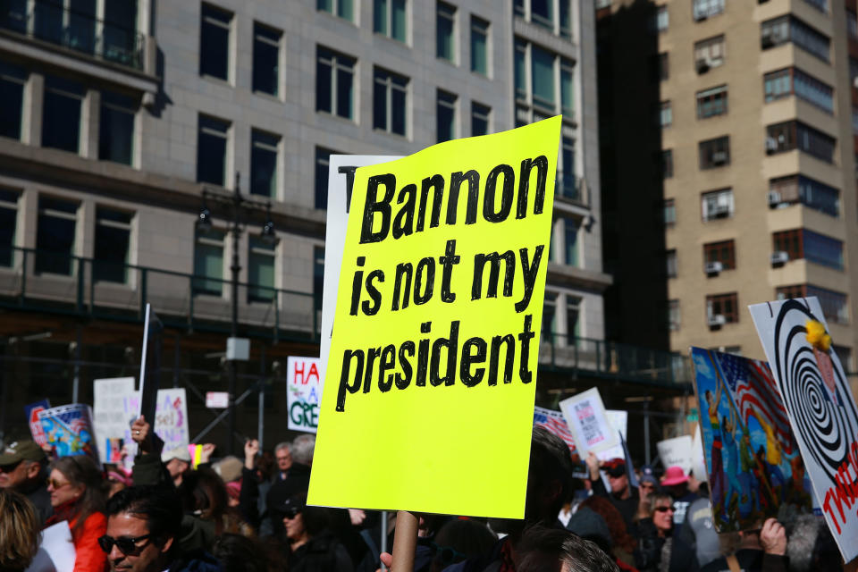 <p>A demonstrator holds up a sign during the “Not My President’s Day” rally at Central Park West in New York City on Feb. 20, 2017. (Gordon Donovan/Yahoo News) </p>