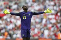 <p>Nigeria keeper Francis Uzohowas beaten by Gary Cahill’s seventh-minute eader </p>