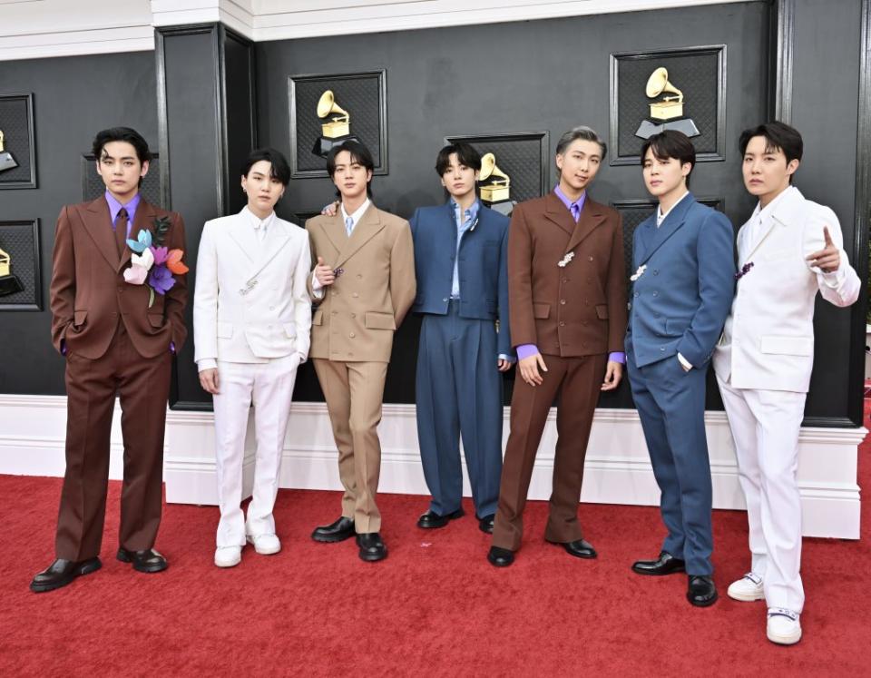 BTS attends the 64th annual Grammy Awards at the MGM Grand Garden Arena in Las Vegas on April 3, 2022. - Credit: Brian Friedman for Variety