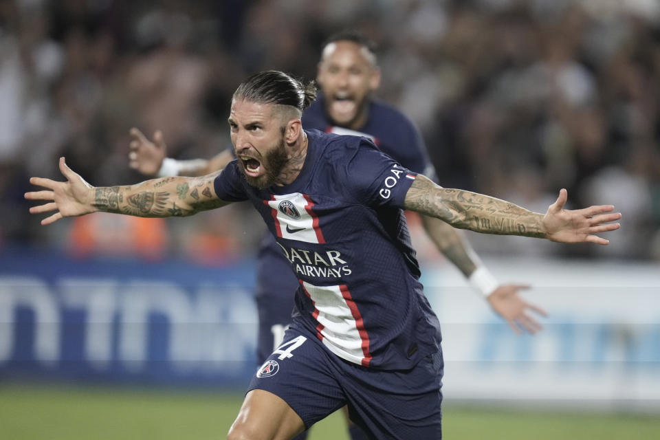 PSG's Sergio Ramos celebrates after scoring his side's third goal during the French Super Cup final soccer match between Nantes and Paris Saint-Germain at Bloomfield Stadium in Tel Aviv, Israel, Sunday, July 31, 2022. (AP Photo/Ariel Schalit)