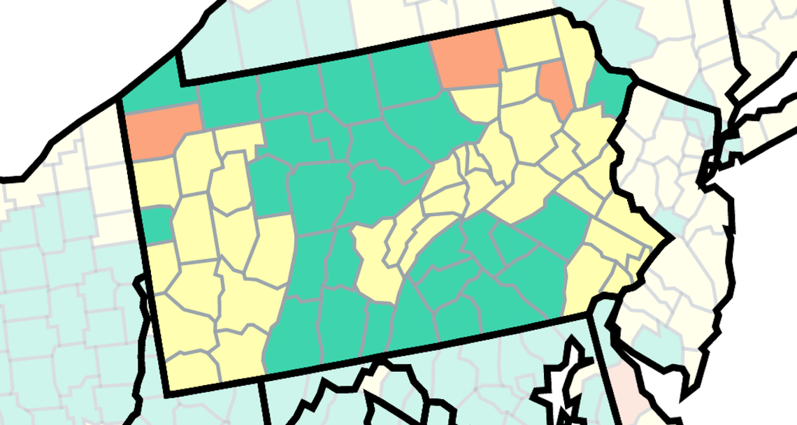 This map of Pennsylvania from the U.S. Centers for Disease Control and Prevention shows COVID-19 community levels by county. The counties that are orange are at high, the yellow at medium and the green at low.