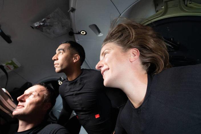 Crew-3 astronauts (from left) Matthias Maurer of ESA (European Space Agency) and Raja Chari and Kayla Barron, both from NASA, are pictured journeying back to Earth May 5 inside the SpaceX Dragon Endurance spacecraft following its undocking from the International Space Station.
