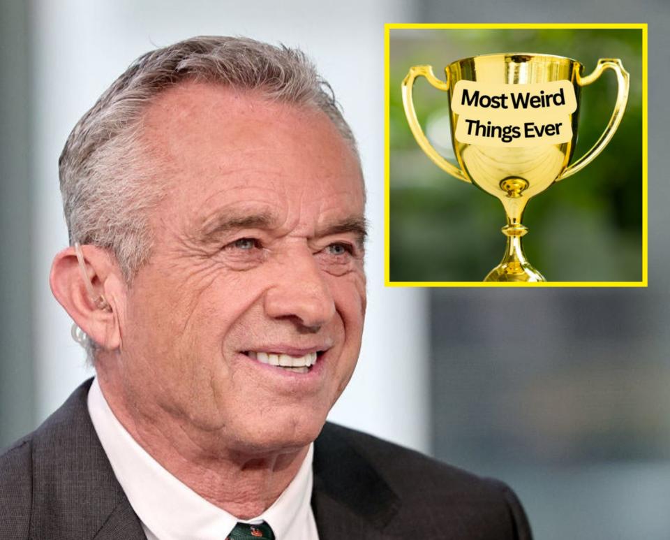 A closeup of RFK Jr. with an inset image of a trophy