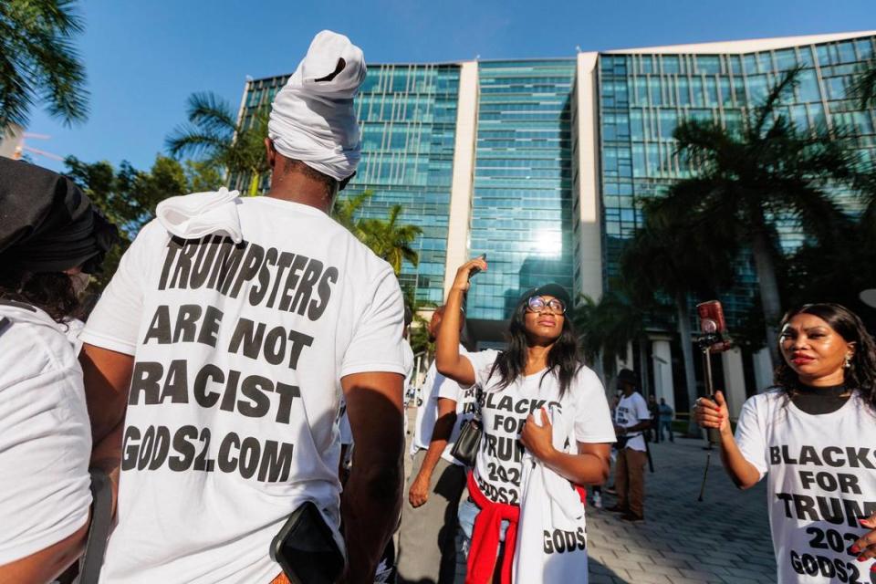 ‘Blacks for Trump’ demonstrators rally in support to Former President Donald Trump outside the Wilkie D. Ferguson Jr. U.S. Courthouse, Tuesday, June 13, 2023, in Miami. Prior Former President Donald Trump is making a federal court appearance on dozens of felony charges accusing him of illegally hoarding classified documents.