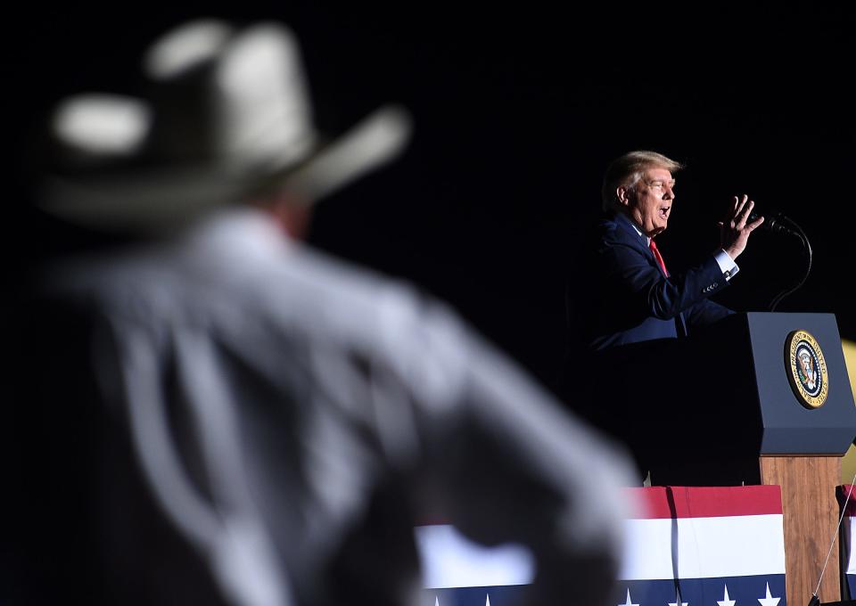 President Donald Trump speaks during a campaign rally at the Minden-Tahoe Airport in Nevada on Sept. 12, 2020.