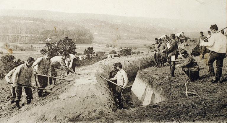 A picture of a post card released by the Historial de Péronne, Museum of WW1, shows French soldiers digging a trench during the First Battle of the Marne in 1914