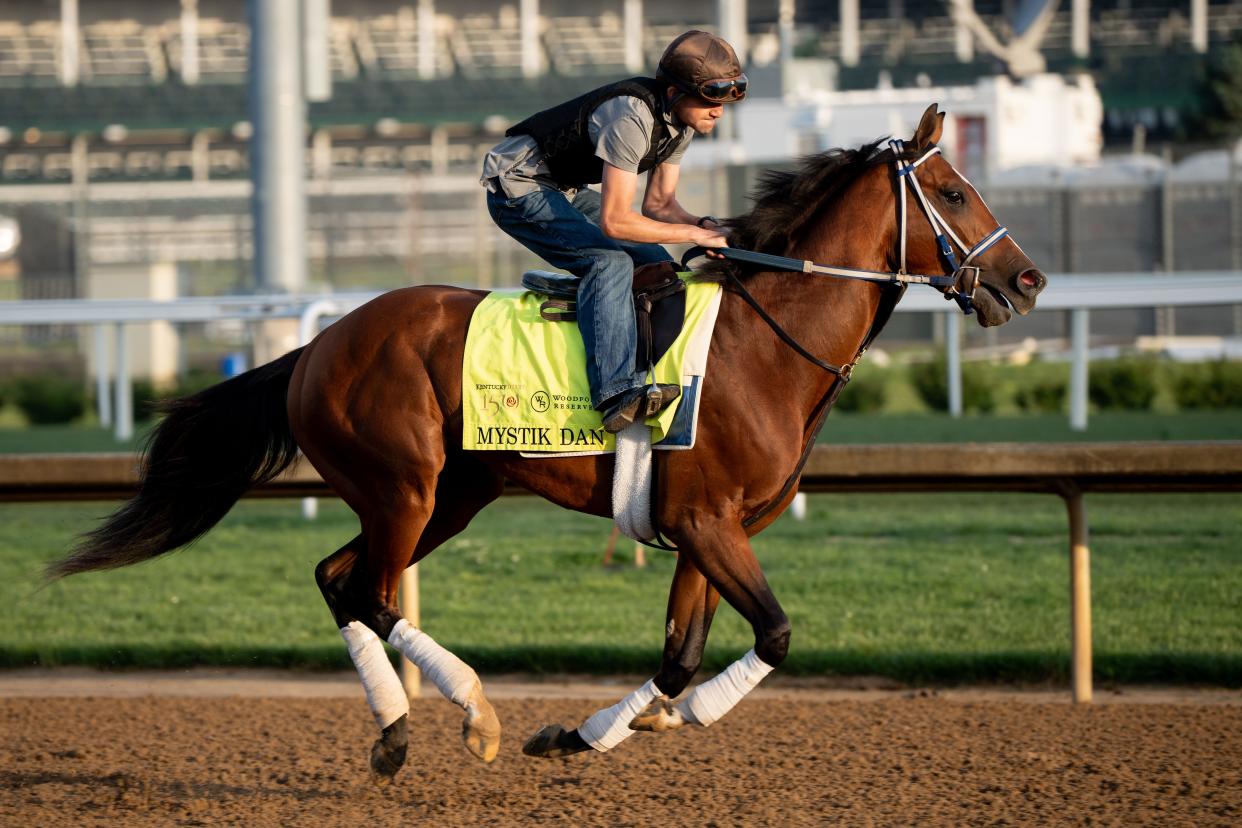 Kentucky Derby contender Mystik Dan gallops around the track on Thursday, May 2, 2024 at Churchill Downs. Mystic Dan is trained by Kenny McPeek.