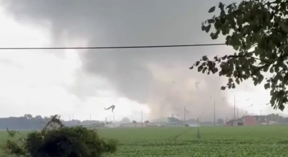 A tornado causes damage in Mt. Vernon, Indiana, on July 9, 2024.