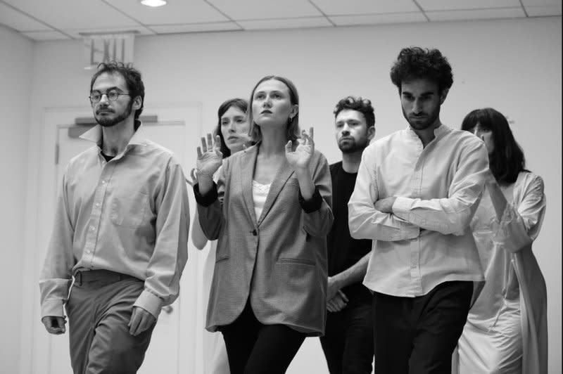 The full cast of Hell Dialogues is seen during a rehearsal. Photo courtesy of Kate Baranovskaya