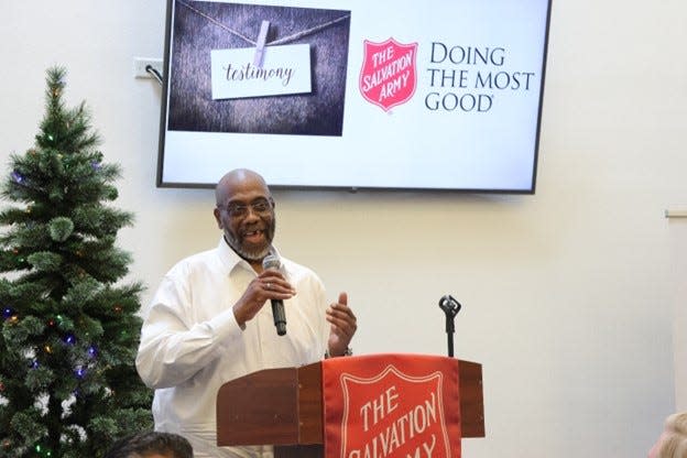 Tracy Anthony, a 61-year-old veteran from Ventura, speaks during a Salvation Army event.