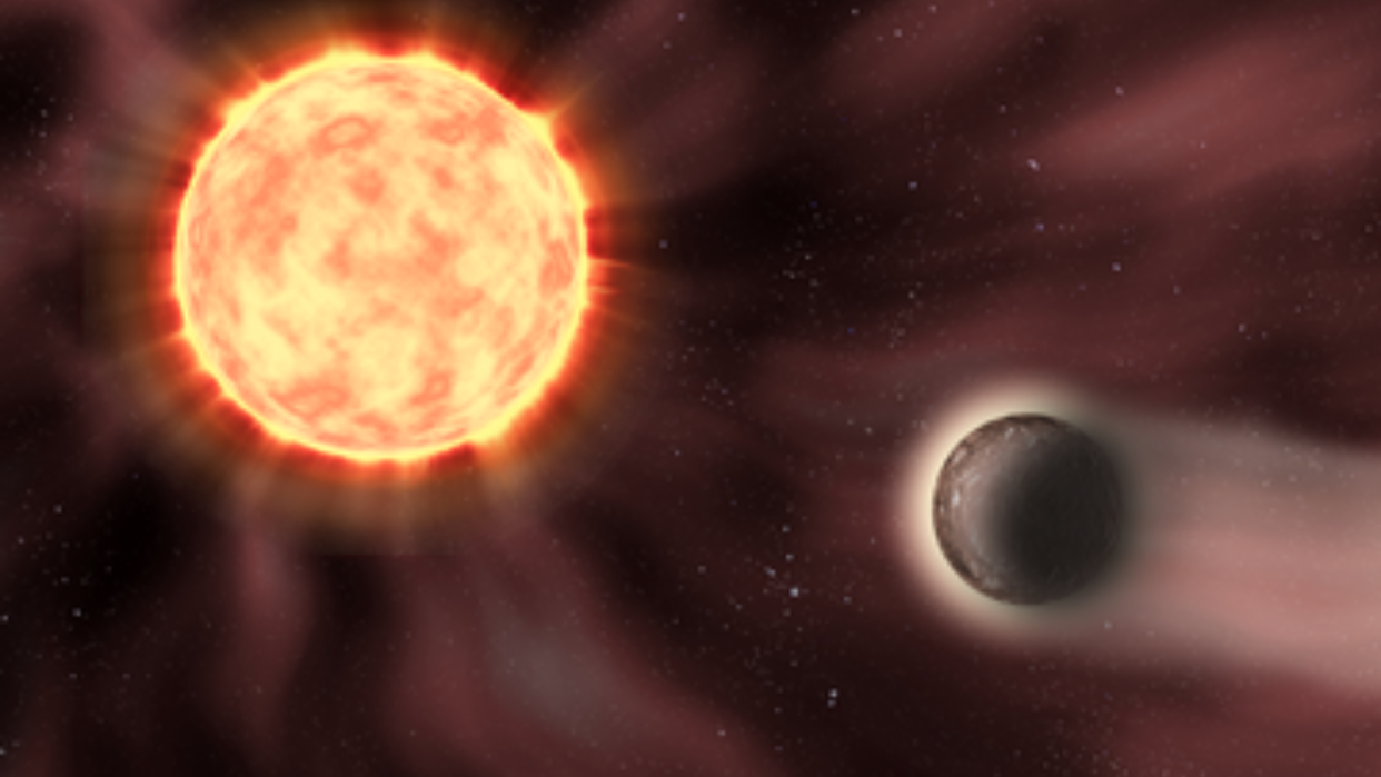  An illustration shows a planet orbiting a red dwarf star as stellar winds strip its atmosphere. 