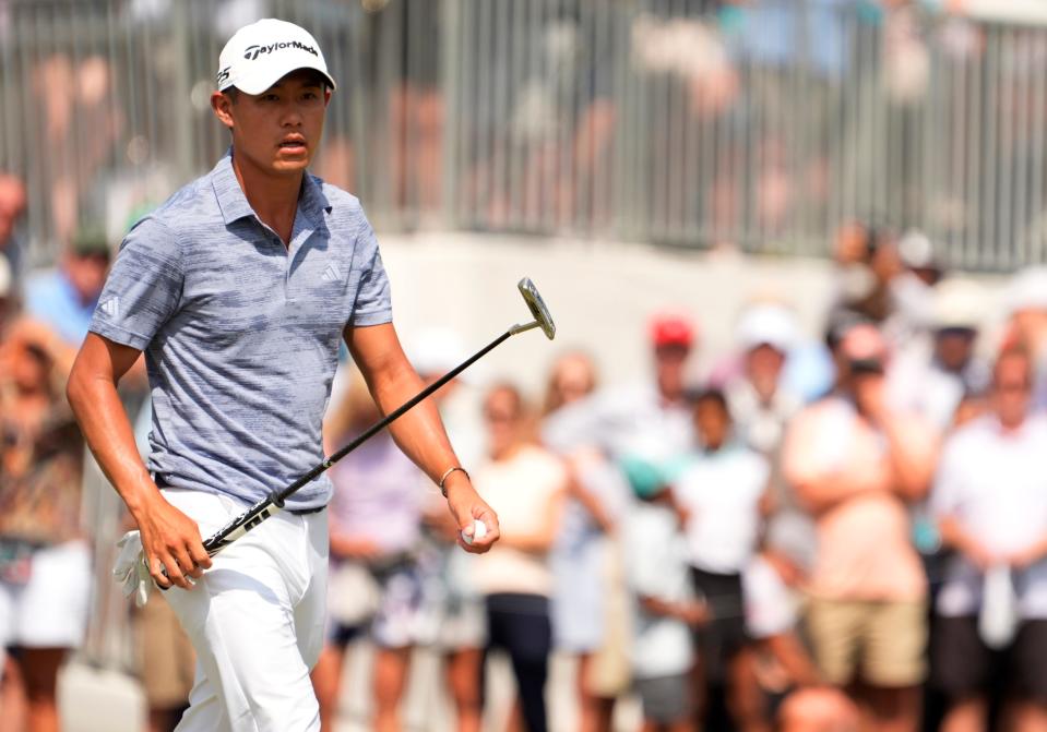 Collin Morikawa walks off after putting out on the third green during the third round of the TOUR Championship golf tournament. Mandatory Credit: John David Mercer-USA TODAY Sports