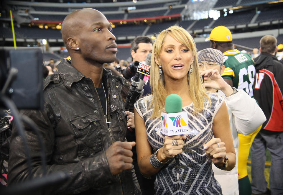 February 1, 2011: Cincinnati Bengals wide receiver Chad Ochocinco speaks with Mexican sports reporter Ines Se during Super Bowl XLV media day at Cowboys Stadium in Arlington, Texas Chat with Ines Sainz.