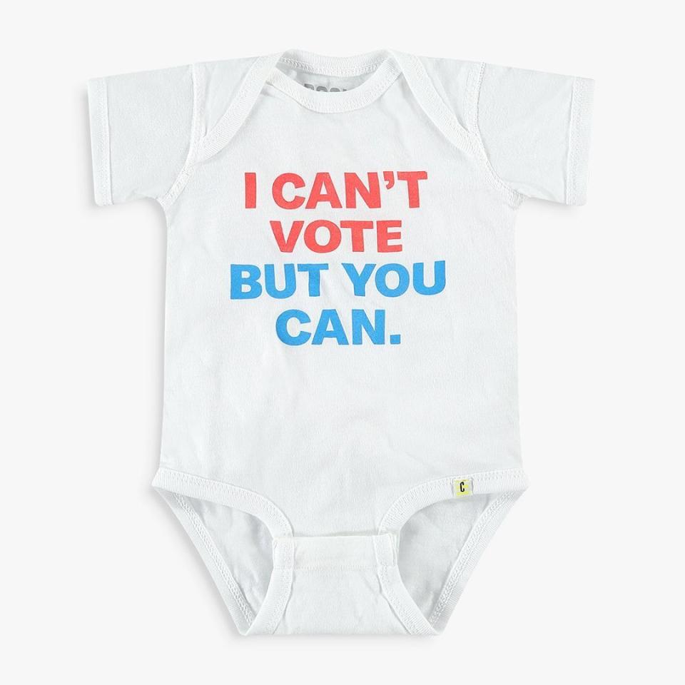 Get the <a href="https://store.crooked.com/products/i-cant-vote-but-you-can-kids-apparel" target="_blank" rel="noopener noreferrer">I can't vote but you can onesie from Crooked﻿</a> for $22.