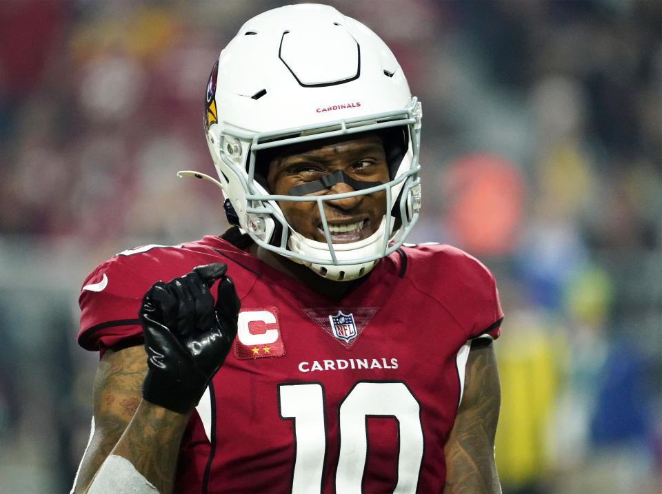 Dec 13, 2021; Glendale, Arizona, USA; Arizona Cardinals wide receiver DeAndre Hopkins (10) reacts to a penalty against the Los Angeles Rams at State Farm Stadium. Mandatory Credit: Rob Schumacher-Arizona Republic