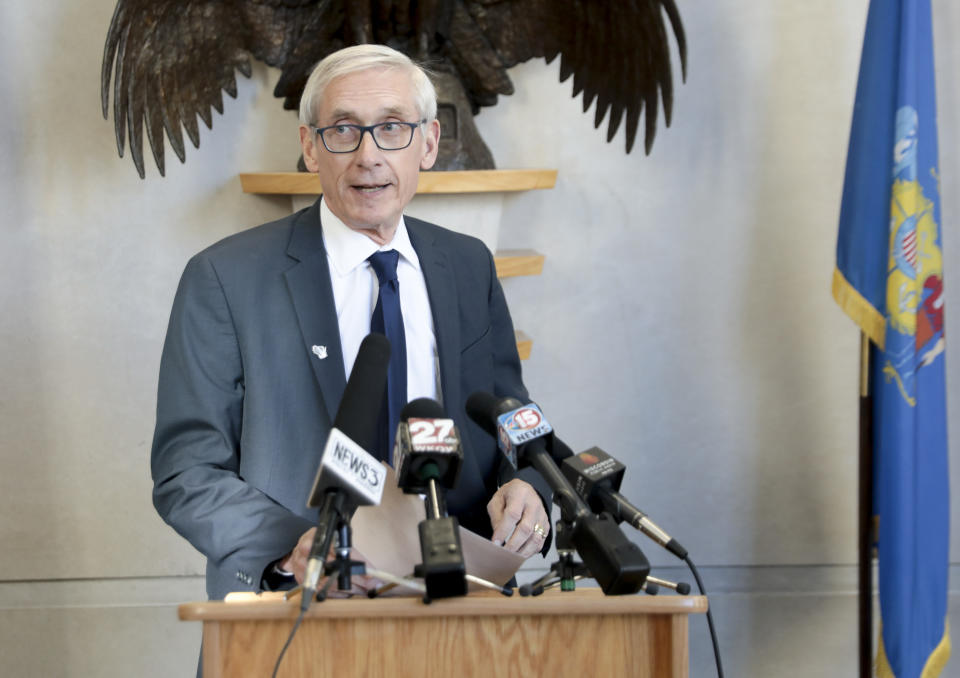 Governor-elect Tony Evers held a press conference Friday, Dec. 14, 2018 at the Tommy G. Thompson Center in Madison, Wis., in response to the lame-duck legislation signed into law by Governor Walker. ( Steve Apps/Wisconsin State Journal via AP)