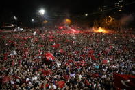 Supporters of Ekrem Imamoglu, the candidate of the secular opposition Republican People's Party, CHP, cheer at a celebratory rally in Istanbul, late Sunday, June 23, 2019. Tens of thousands of people attended an election night celebration after a repeated vote in Istanbul made Imamoglu the mayor-elect of Turkey's largest city. (AP Photo)