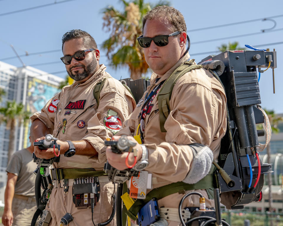 <p>Cosplayers Miguel Medina and Charles Lewin, from Los Angeles, dressed as Ghostbusters at Comic-Con International on July 19 in San Diego. (Photo: Christy Radecic/Invision/AP) </p>