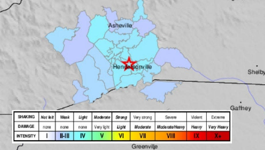 A graphic showing the intensity of the earthquake reported on Dec. 7 in Hendersonville.