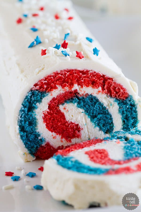 <p>Let the good times roll.</p><p>Get the recipe from <a href="http://www.tasteandtellblog.com/4th-of-july-cake-roll/" rel="nofollow noopener" target="_blank" data-ylk="slk:Taste and Tell;elm:context_link;itc:0;sec:content-canvas" class="link ">Taste and Tell</a>.</p>