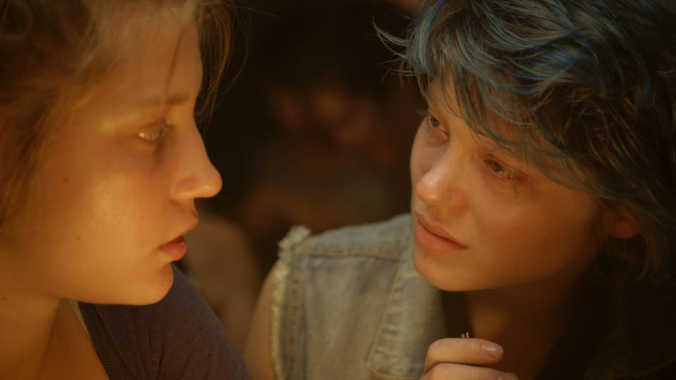 This photo released by courtesy of Sundance Selects shows Adele Exarchopoulos, left, as Adele, and Lea Seydoux, as Emma, in the film, "Blue Is the Warmest Color," directed by Abdellatif Kechiche. (AP Photo/Courtesy Sundance Selects)