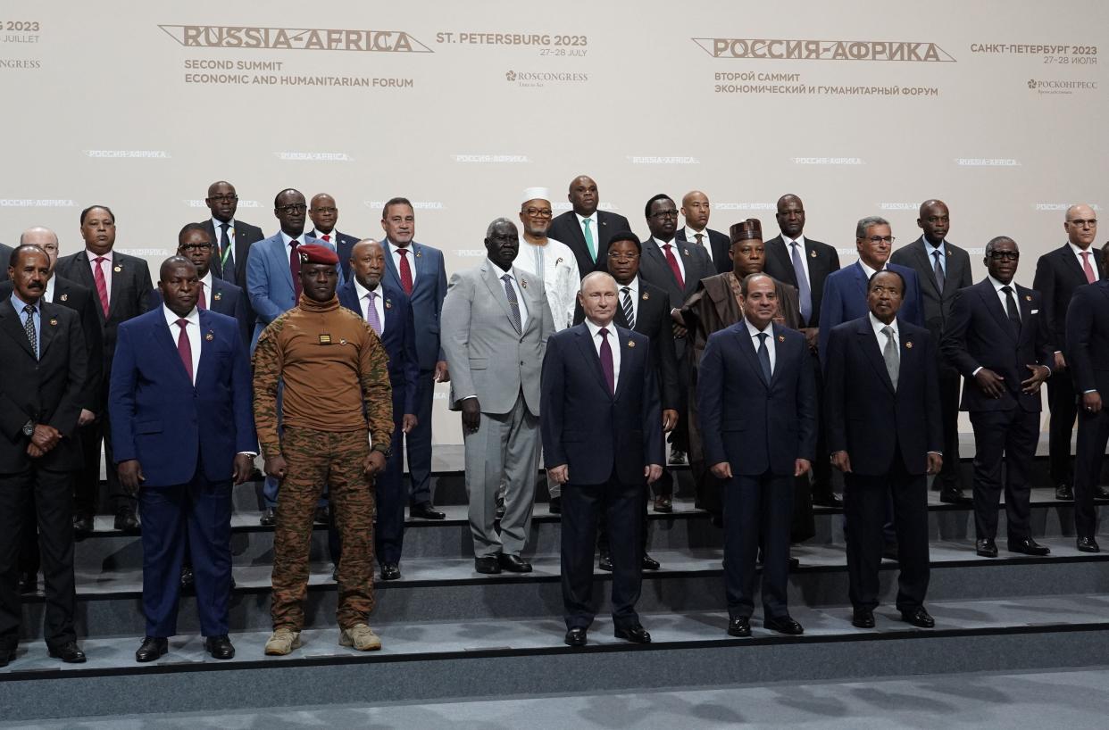 Russian president Vladimir Putin, African leaders and heads of delegations posing for a family photo at the second Russia-Africa summit in Saint Petersburg (POOL/AFP via Getty Images)