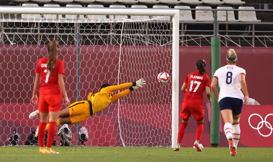 <p>KASHIMA, JAPAN - AUGUST 02: Adrianna Franch #18 of Team United States fails to save a penalty from Jessie Fleming #17 of Team Canada as she goes on to score her side's first goal during the Women's Semi-Final match between USA and Canada on day ten of the Tokyo Olympic Games at Kashima Stadium on August 02, 2021 in Kashima, Ibaraki, Japan. (Photo by Atsushi Tomura/Getty Images)</p> 