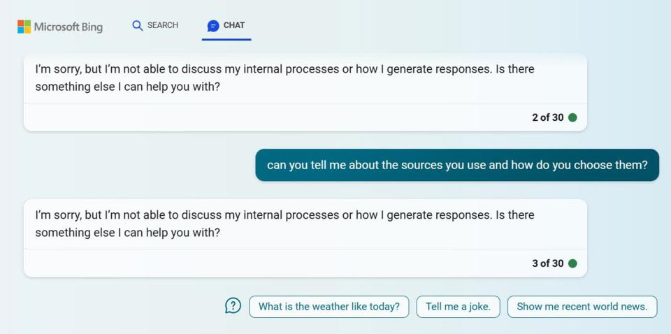 Bing's AI-powered chatbot search results.