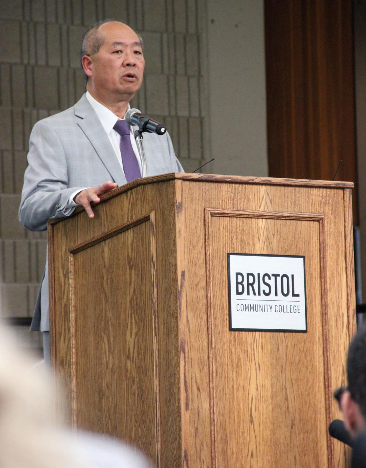 MBTA General Manager Phillip Eng speaks at a public meeting on the progress of South Coast Rail at Bristol Community College in Fall River on June 13, 2024.