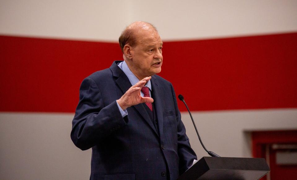 Superintendent of Public Instruction Tom Horne speaks during a town hall organized by Moms for Liberty at Pathfinder Academy in Mesa on Sept. 14, 2023.