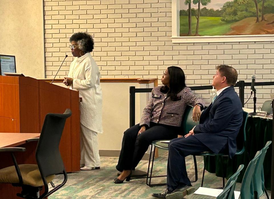 SCCPSS Deputy Superintendent Bernadette Ball-Oliver (standing) presents a portion of Phase 1 of the Long-Range Facilities Plan alongside Superintendent Denise Watts, Ed.D. (center) and Deputy Superintendent of Elementary and K-8 schools, Troy Brown on Jan. 10, 2024.