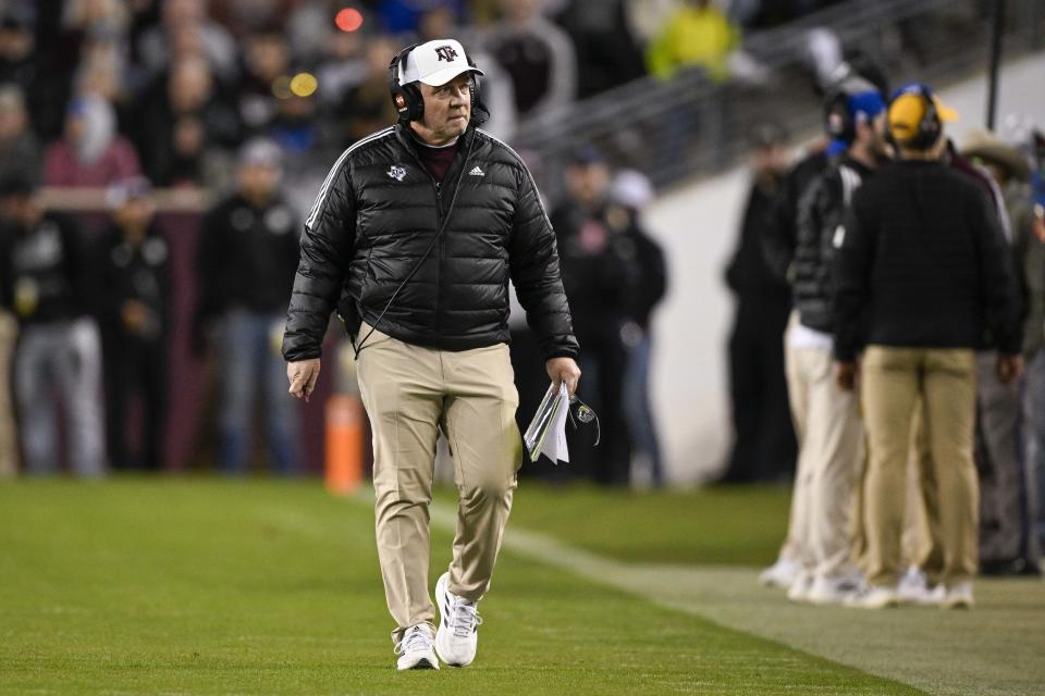 Nov 26, 2022; College Station, Texas; Texas A&M Aggies head coach Jimbo Fisher walks the sidelines during the second quarter against the LSU Tigers at Kyle Field. Jerome Miron-USA TODAY Sports