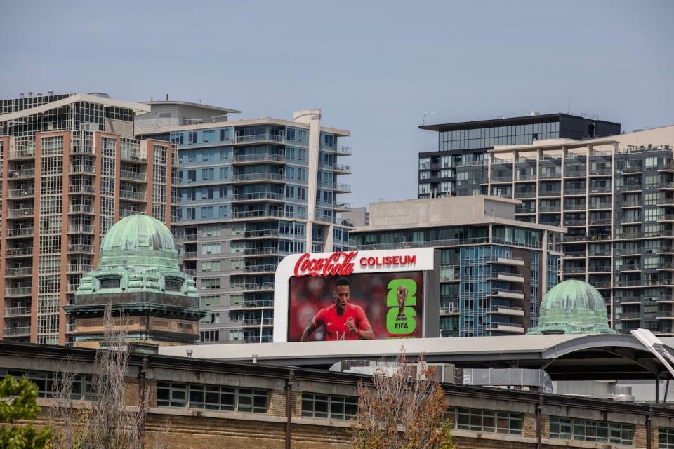 FIFA 2026 official brand displays on billboard outside the BMO Field, in Toronto, on May 18, 2023.