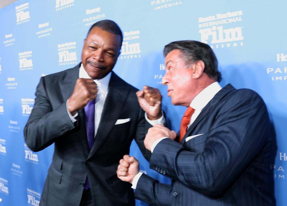 Actor Carl Weathers and Sylvester Stallone attend the Montecito Award at the Arlington Theater at the 31st Santa Barbara International Film Festival on February 9, 2016 in Santa Barbara, California.