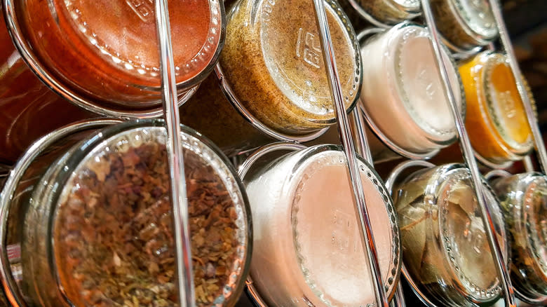 close-up of spices in jars