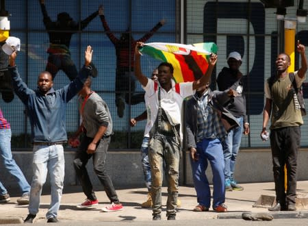 Protesters hold flags during clashes after police banned planned protests over austerity and rising living costs called by the opposition Movement for Democratic Change (MDC) party in Harare