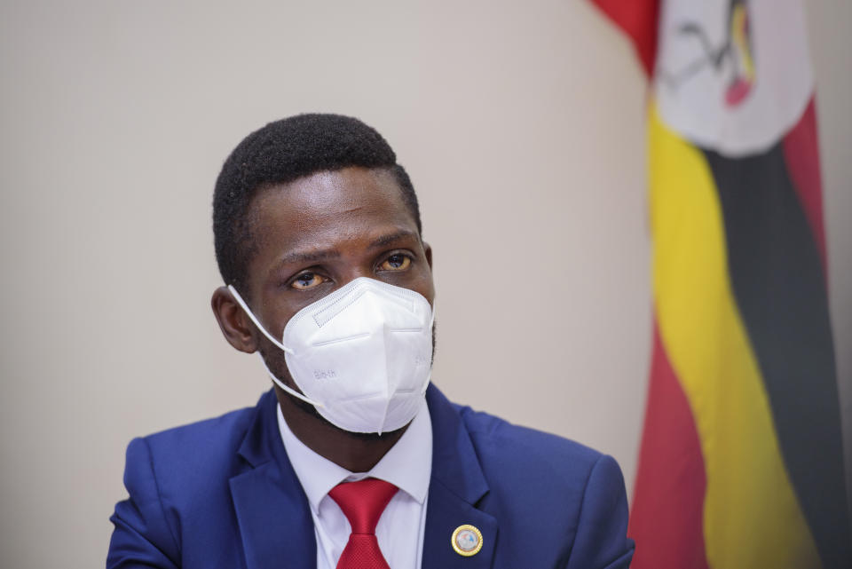 Bobi Wine, during a Press conference in Kampala Uganda, Tuesday, Jan.12, 2021. Opposition figures in Uganda cited widespread violence perpetrated by the security forces ahead of presidential election on upcoming Thursday, including an alleged dawn attack Tuesday on the residence of main presidential challenger Bobi Wine. (AP Photo/nicholas bamulanzeki )