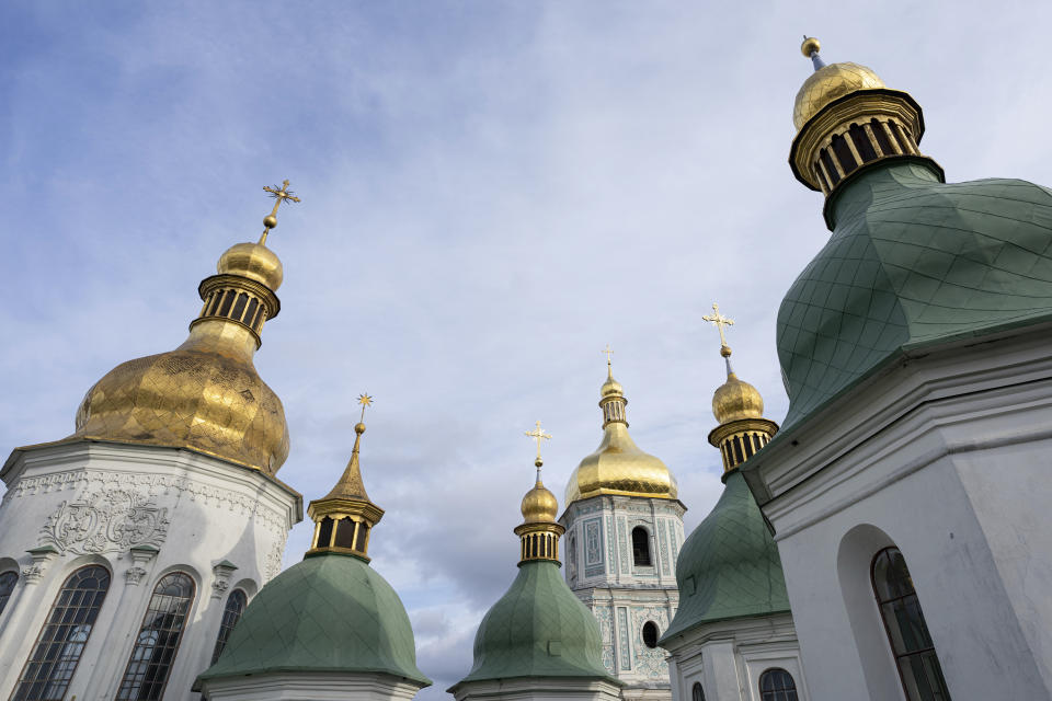 The Saint Sophia Cathedral in Kyiv, Ukraine, Thursday, Dec. 21, 2023. A UNESCO World Heritage site, the gold-domed St. Sophia Cathedral, located in the heart of Kyiv, was built in the 11th century and designed to rival the Hagia Sophia in Istanbul. (AP Photo/Evgeniy Maloletka)