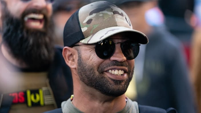 Enrique Tarrio, leader of far-right group the Proud Boys, is seen at a “Stop the Steal” rally in November outside the Georgia State Capitol in Atlanta. (Photo by Elijah Nouvelage/Getty Images)