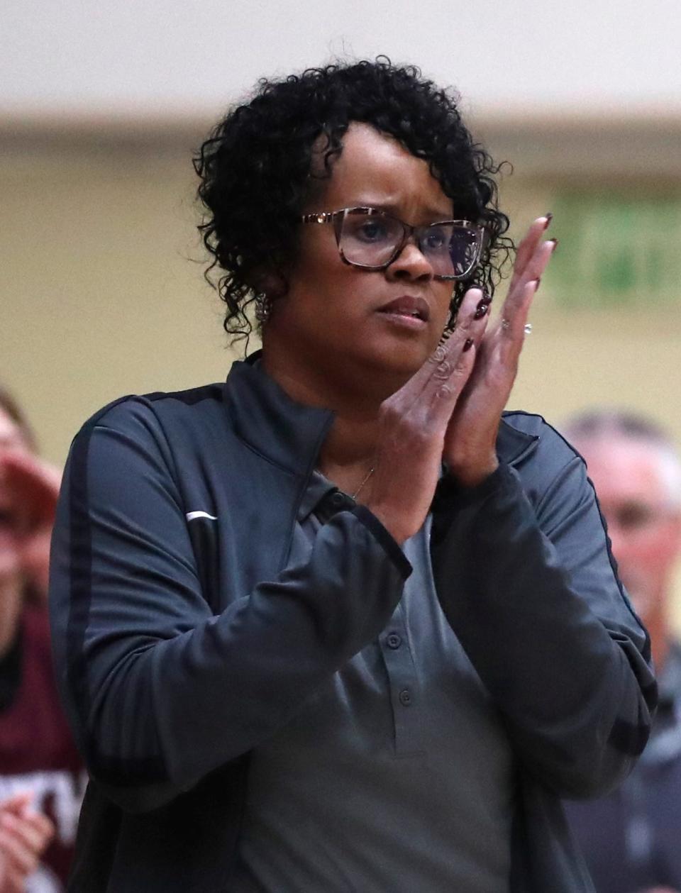 Faith Christian Eagles head coach DJ Layton reacts to a play during the IHSAA girls basketball game against the Lafayette Jeff Bronchos, Thursday, Nov. 9, 2023, at Lafayette Jeff High School in Lafayette, Ind. Faith Christian won 55-48.