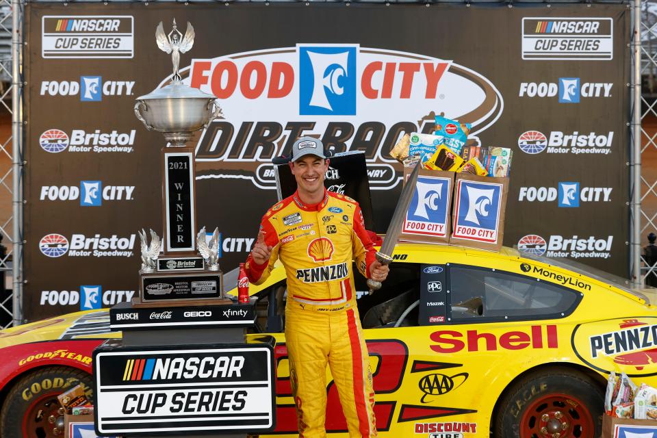 Joey Logano celebrates at Bristol Motor Speedway in 2021.