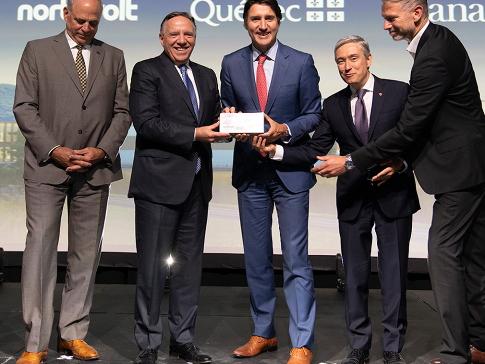  Prime Minister Justin Trudeau and Quebec Premier Francois Legault hold a prismatic cell as they pose on Sept. 28, 2023, with Quebec Innovation Minister Pierre Fitzgibbon, far left, federal Innovation Minister Francois-Philippe Champagne, beside Trudeau, and Northvolt co-founder Peter Carlsson, following an announcement that Northvolt will build a new EV battery plant near Montreal.