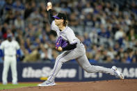 Colorado Rockies pitcher Ryan Feltner works against the Toronto Blue Jays during first-inning baseball game action in Toronto, Friday, April 12, 2024. (Frank Gunn/The Canadian Press via AP)