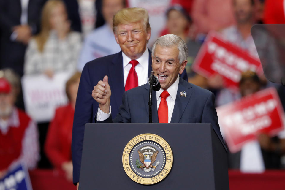 Louisiana Republican gubernatorial candidate Eddie Rispone speaks at a campaign rally for President Donald Trump in Monroe, La., Wednesday, Nov. 6, 2019. (AP Photo/Gerald Herbert)