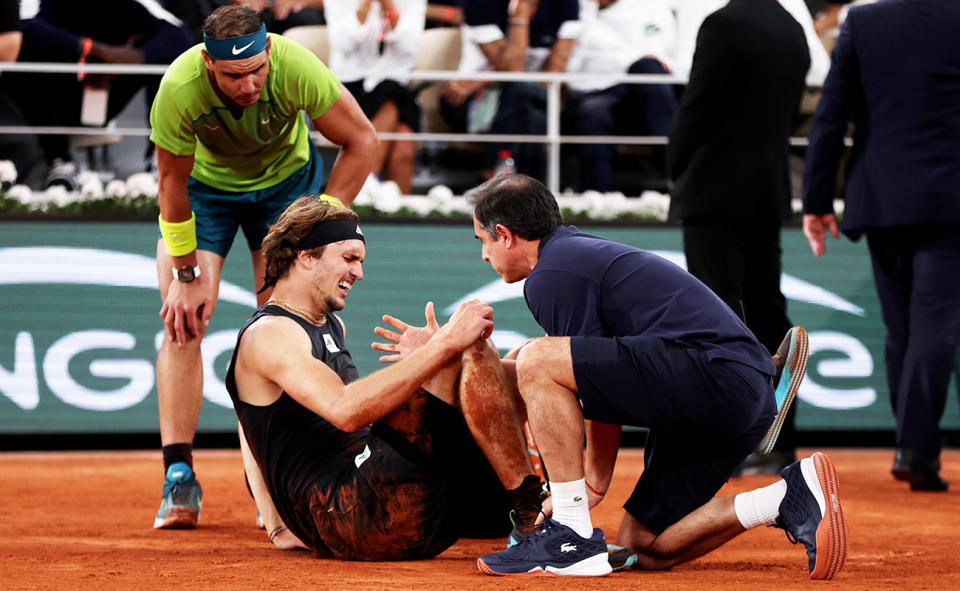 Alexander Zverev, pictured here after being forced to retire hurt against Rafa Nadal at the French Open.