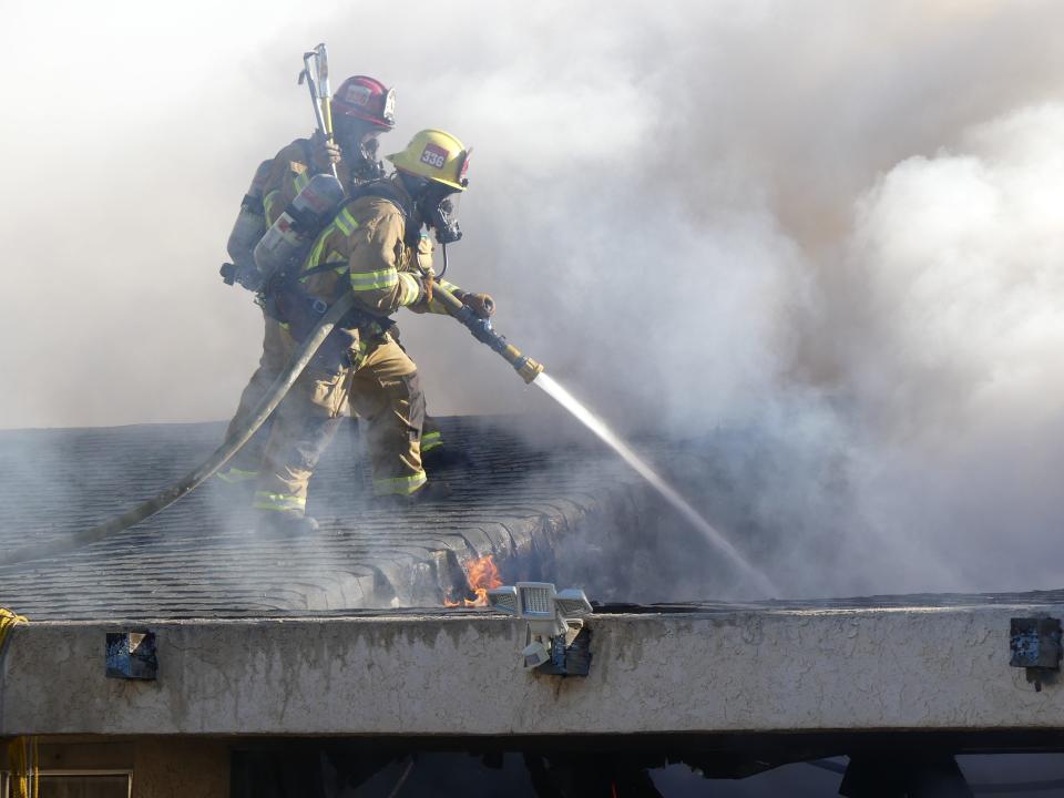 The Apple Valley Fire Protection District responded to a house fire on Monday afternoon in a neighborhood north of Bear Valley Road and east of Kiowa Road in Apple Valley.