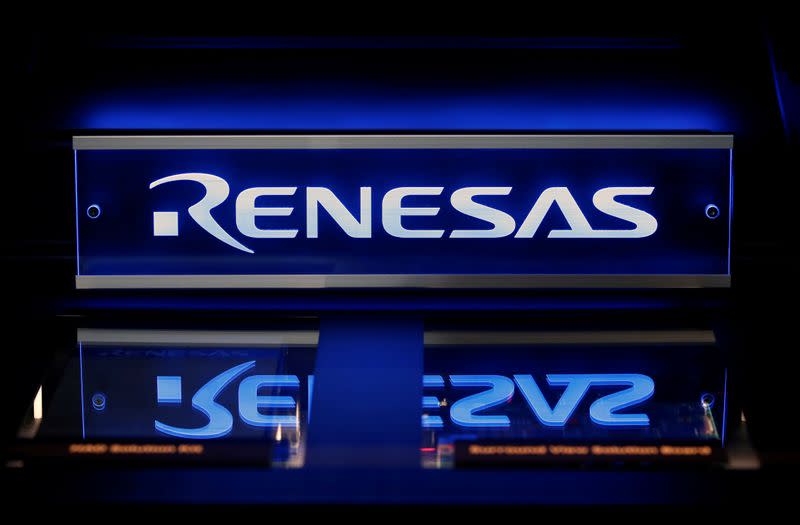 Renesas Electronics Corp's logo is seen on its product at the company's conference in Tokyo