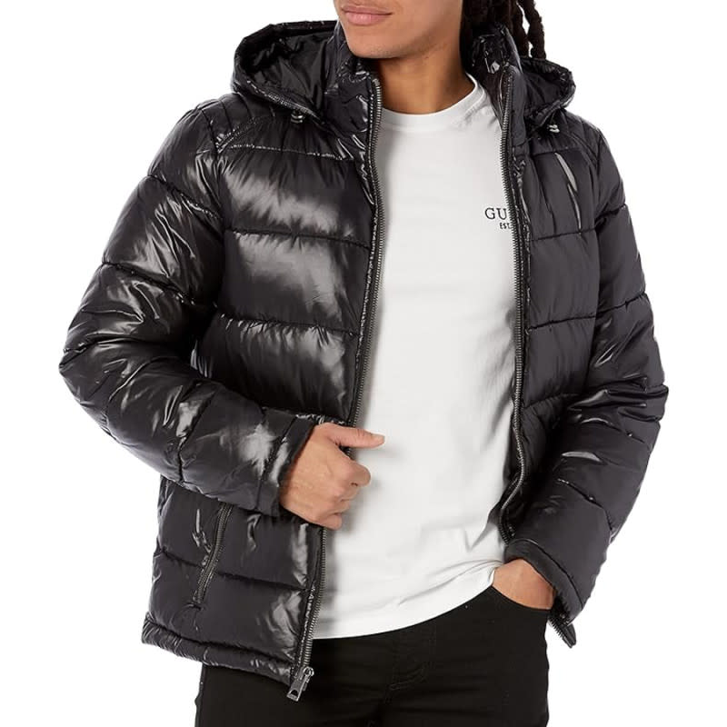 <p>Courtesy of Amazon</p><p>It’s not for everyone, but this midweight puffer jacket from Guess is rotund and shiny enough to make a statement while the simple design and color ensure it veers far from the garish. You might get some George Costanza jokes when you wear it, but you’ll also get a super-warm, not-too-heavy jacket complete with a chunky front zipper and spacious hand pockets at a staggering 81% discount.</p><p>[$42 (was $225); <a href="https://clicks.trx-hub.com/xid/arena_0b263_mensjournal?q=https%3A%2F%2Fwww.amazon.com%2Fdp%2FB0765JFWYQ%3FlinkCode%3Dll1%26tag%3Dmj-yahoo-0001-20%26linkId%3D8b2ead44d4e5ec42cecb1fbd2b96a8da%26language%3Den_US%26ref_%3Das_li_ss_tl&event_type=click&p=https%3A%2F%2Fwww.mensjournal.com%2Fstyle%2Famazon-october-prime-day-2023-best-mens-jacket-deals%3Fpartner%3Dyahoo&author=Cameron%20LeBlanc&item_id=ci02cb70cc000027e5&page_type=Article%20Page&partner=yahoo&section=rain%20jackets&site_id=cs02b334a3f0002583" rel="nofollow noopener" target="_blank" data-ylk="slk:amazon.com;elm:context_link;itc:0;sec:content-canvas" class="link ">amazon.com</a>]</p>