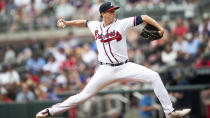 Atlanta Braves starting pitcher Kyle Wright (30) throws during the first inning of a baseball game against San Diego Padres Sunday, May 15, 2022, in Atlanta. (AP Photo/Hakim Wright Sr)