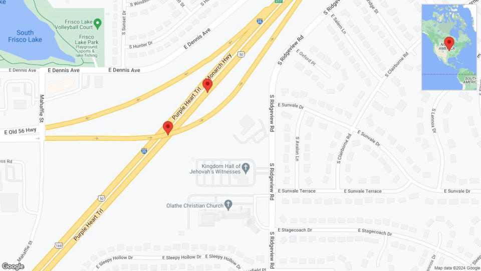 A detailed map that shows the affected road due to 'Broken down vehicle on eastbound I-35 in Olathe' on January 4th at 6:59 p.m.